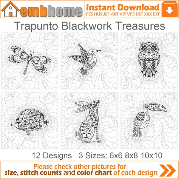 Trapunto Blackwork Treasures Machine Embroidery Designs Pack Téléchargement instantané 6x6 8x8 10x10 cerceau 12 dessins APE3507