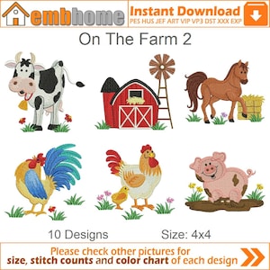 Op de afbeelding: Een set van 10 borduurpatronen met boerderijdieren, waaronder een koe, een paard, een haan, een hen, een kuiken en een varken. De patronen zijn 4x4 inch groot en zijn direct te downloaden.