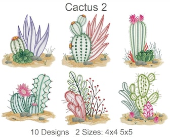 Diseños de bordado a máquina de cactus, descarga instantánea, bastidor 4x4 5x5, 10 diseños APE2221