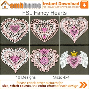 FSL Fancy Hearts Free Standing Lace Machine Embroidery Designs Instant Download 4x4 hoop 10 designs APE2112