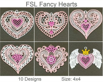 FSL Fancy Hearts Free Standing Lace Machine Broderie Designs Téléchargement instantané 4x4 cerceau 10 dessins APE2112