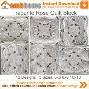 Trapunto Rose Quilt Block Machine Embroidery Designs Pack Instant Download 6x6 8x8 10x10 hoop 12 designs APE2514