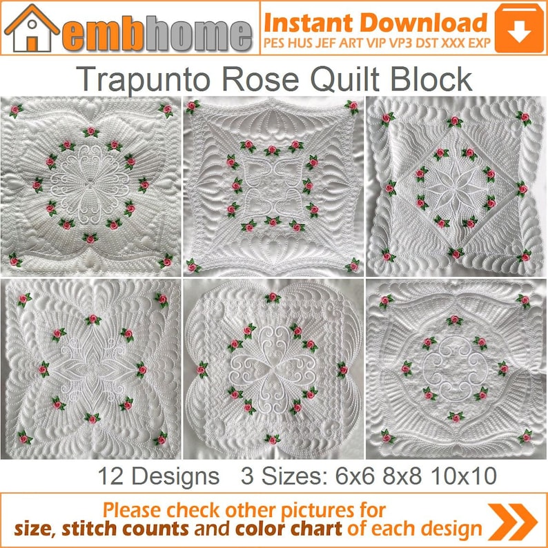 May include: A set of 12 trapunto rose quilt block designs in three sizes: 6x6, 8x8, and 10x10 inches. The designs feature white quilting with pink roses.