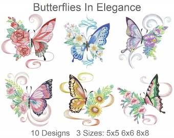 Papillons dans l’élégance Machine Embroidery Designs Pack Téléchargement instantané 5x5 6x6 8x8 cerceau 10 dessins APE3516