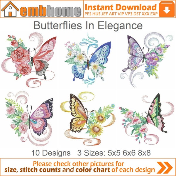Papillons dans l’élégance Machine Embroidery Designs Pack Téléchargement instantané 5x5 6x6 8x8 cerceau 10 dessins APE3516