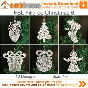 FSL Filigrane Weihnachten freistehende Spitze Ornament Maschinenstickerei Designs Instant Download 4x4 Rahmen 10 Designs APE2825