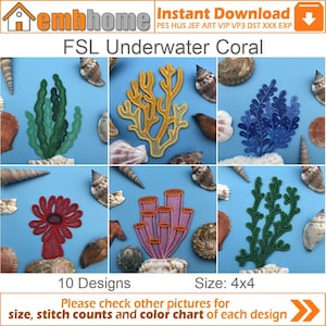 May include: Ten embroidery designs of underwater coral, including a red anemone, pink coral, and green seaweed. The designs are 4x4 inches and are available for instant download in various embroidery file formats.