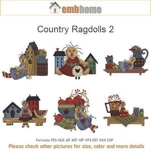 May include: Six embroidery designs featuring country rag dolls in various poses. The designs include a rag doll sitting on a bench with a watermelon, a rag doll holding a bowl of apples, a rag doll sitting on a shelf with a pitcher, a rag doll sitting on a bench with a birdhouse, a rag doll holding a lamb, and a rag doll sitting on a shelf with a gift box.
