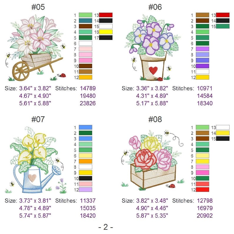 Puede incluir: Cuatro dise&ntilde;os de bordado que presentan arreglos florales en diferentes recipientes. Los dise&ntilde;os incluyen una carretilla, una maceta, una regadera y una caja de madera. Cada dise&ntilde;o est&aacute; etiquetado con un n&uacute;mero e incluye recuentos de puntadas para diferentes tama&ntilde;os.