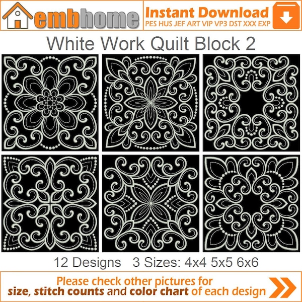 White Work Quilt Block Machine Embroidery Designs Instant Download 4x4 5x5 6x6 hoop 12 designs APE3502