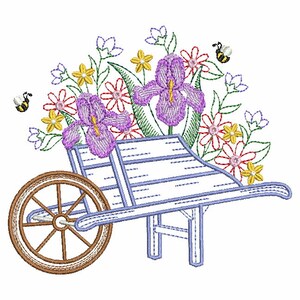 May include: A blue wooden wheelbarrow filled with purple irises and yellow, red, and white flowers. Two bees are flying near the flowers.