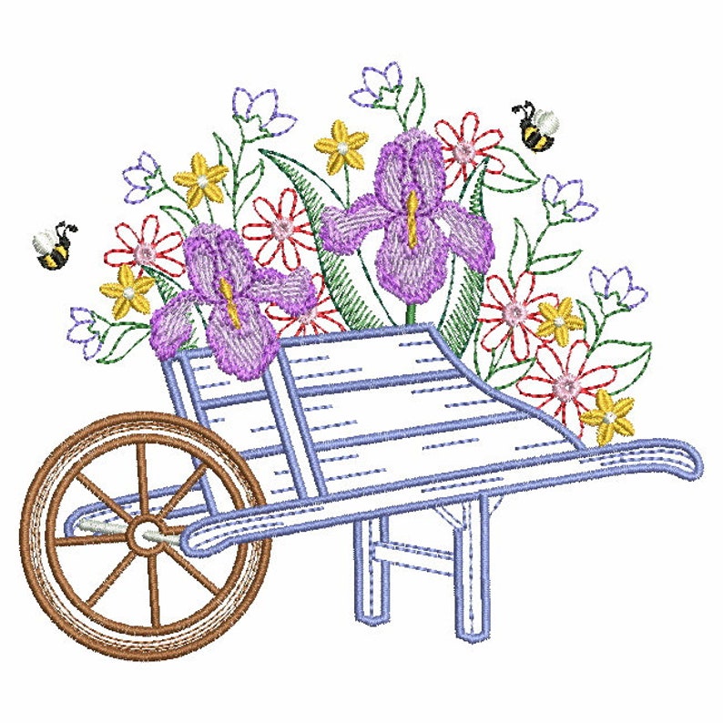May include: A blue wooden wheelbarrow filled with purple irises and yellow, red, and white flowers. Two bees are flying near the flowers.