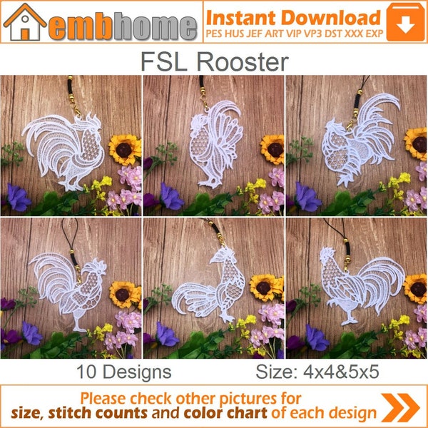 FSL Rooster- Free Standing Lace Machine Embroidery Designs Instant Download 5x5 hoop 10 designs APE3055