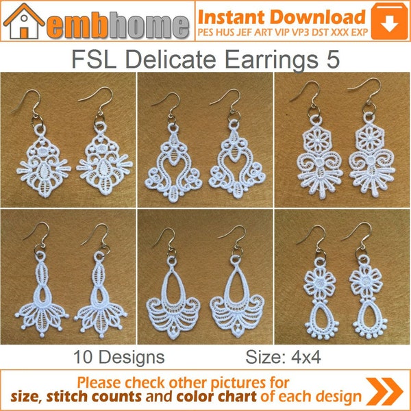 FSL Delicate Earrings Free Standing Lace Machine Embroidery Designs Instant Download 4x4 hoop 10 designs APE2363