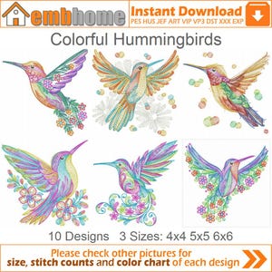 Colorful Hummingbirds Machine Embroidery Designs Pack Instant Download 4x4 5x5 6x6 hoop 10 designs APE4011