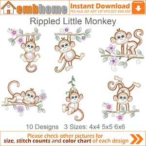 May include: Ten embroidery designs of a brown monkey with a pink and purple flower on a branch. The designs are available in three sizes: 4x4, 5x5, and 6x6 inches. The text "Rippled Little Monkey" is at the top of the image.