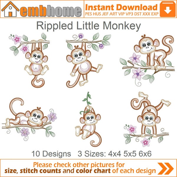 Rippled Little Monkey Machine Embroidery Designs Instant Download 4x4 5x5 6x6 hoop 10 designs SHE5075