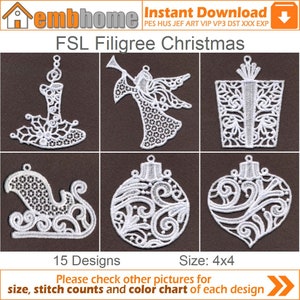 FSL Filigree Christmas Ornament Free Standing Lace Machine Embroidery Designs Instant Download 4x4 hoop 15 designs APE1871