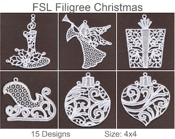 FSL Filigree Christmas Ornament Free Standing Lace Machine Embroidery Designs Instant Download 4x4 hoop 15 designs APE1871