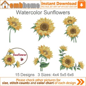 Watercolor Sunflowers Floral Machine Embroidery Designs Instant Download 4x4 5x5 6x6 hoop 15 designs APE2051