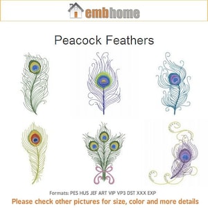 May include: Six embroidery designs of peacock feathers in various colours and styles. The designs include a single feather, a bouquet of feathers, and a feather with a curled tip. The text "Peacock Feathers" is at the top of the image. The text "Formats: PES HUS JEF ART VIP VP3 DST XXX EXP" is at the bottom of the image. The text "Please check other pictures for size, colour and more details" is at the bottom of the image.