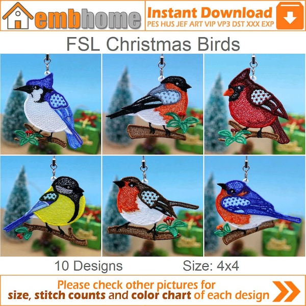 FSL Christmas Birds Free Standing Lace Machine Embroidery Designs Instant Download 4x4 hoop 10 designs APE3398