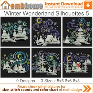 May include: Nine embroidery designs of winter wonderland silhouettes in various sizes, including a house, a snowman, a reindeer, and a rabbit. The designs are available in 5x5, 6x6, and 8x8 inches.