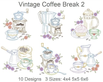 Vintage Coffee Break Machine Embroidery Designs Pack Instant Download 4x4 5x5 6x6 hoop 10 designs SHE5421