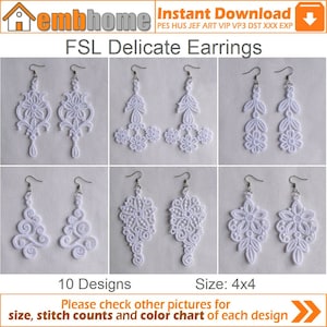 FSL Delicate Earrings Free Standing Lace Machine Embroidery Designs Instant Download 4x4 hoop 10 designs APE2206