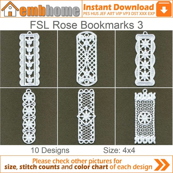 FSL Rose Bookmarks Free Standing Lace Machine Embroidery Designs Instant Download 4x4 hoop 10 designs APE1988