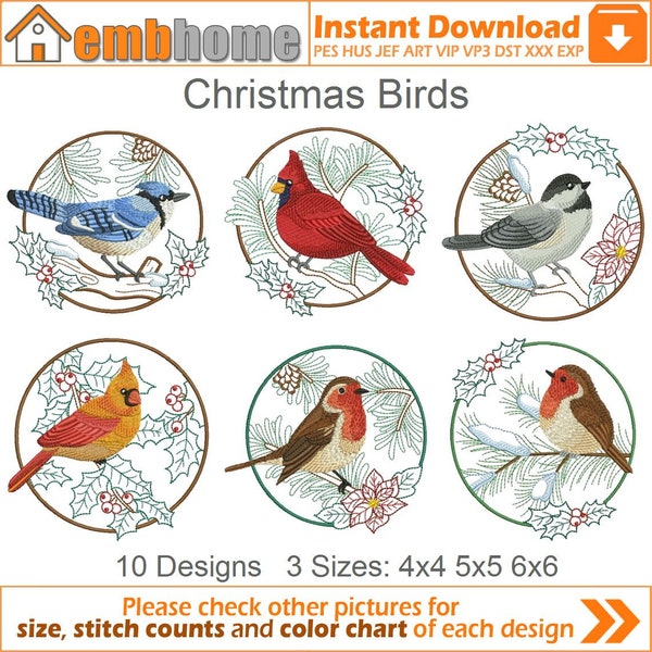 Christmas Birds Machine Embroidery Designs Instant Download 4x4 5x5 6x6 hoop 10 designs APE2219