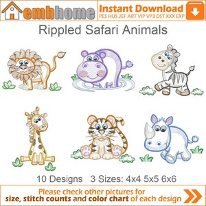 May include: A set of 10 embroidery designs featuring rippled safari animals, including a lion, hippopotamus, zebra, giraffe, tiger, and rhinoceros. The designs are available in three sizes: 4x4, 5x5, and 6x6 inches.