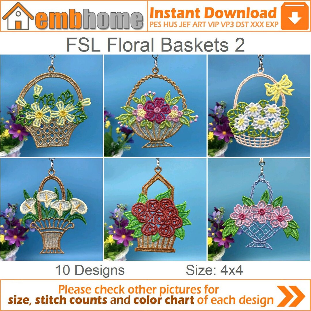 FSL Floral Baskets Free Standing Lace Letters Machine Embroidery