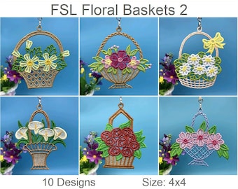 May include: Ten embroidery designs of floral baskets, each with a different flower arrangement. The designs are 4x4 inches in size and are available in PES, HUS, JEF, ART, VIP, VP3, DST, XXX, and EXP formats.