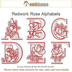 Redwork Rose Alphabet Upper Case Letters Machine Embroidery Designs Pack Instant Download 4x4 hoop 26 designs SHE0505