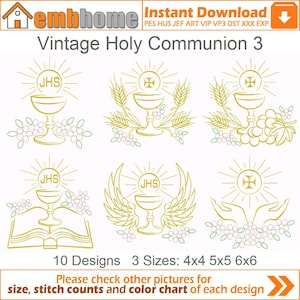 Op de afbeelding: Tien borduurmotieven van een kelk met een hostie, tarwe, druiven en vleugels. De motieven zijn in goud en wit en zijn verkrijgbaar in drie maten: 4x4, 5x5 en 6x6 inch. De tekst "Vintage Holy Communion 3" staat bovenaan de afbeelding.