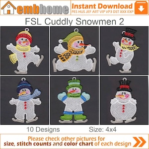 FSL câlins bonhommes de neige sur pied dentelle broderie motifs téléchargement immédiat 4 x 4 cerceau 10 modèles SHE5136