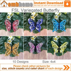 FSL Variegated Butterfly Free Standing Lace Ornament Machine Embroidery Designs Instant Download 4x4 hoop 10 designs APE3090
