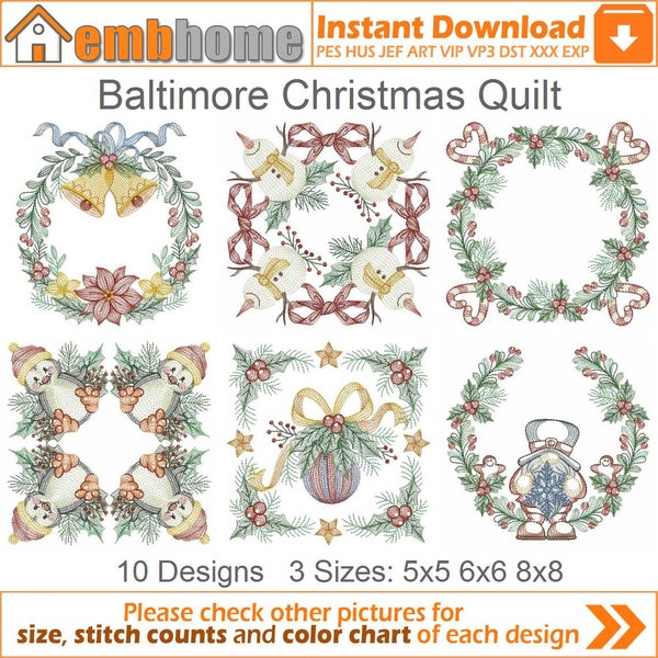 Baltimore Christmas Quilt Machine Embroidery Designs Instant Download 5x5 6x6 8x8 hoop 10 designs APE3476