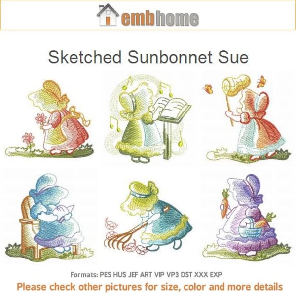Sketched Sunbonnet Sue Girl Machine Embroidery Designs Instant Download 4x4 5x5 6x6 hoop 10 designs APE1887