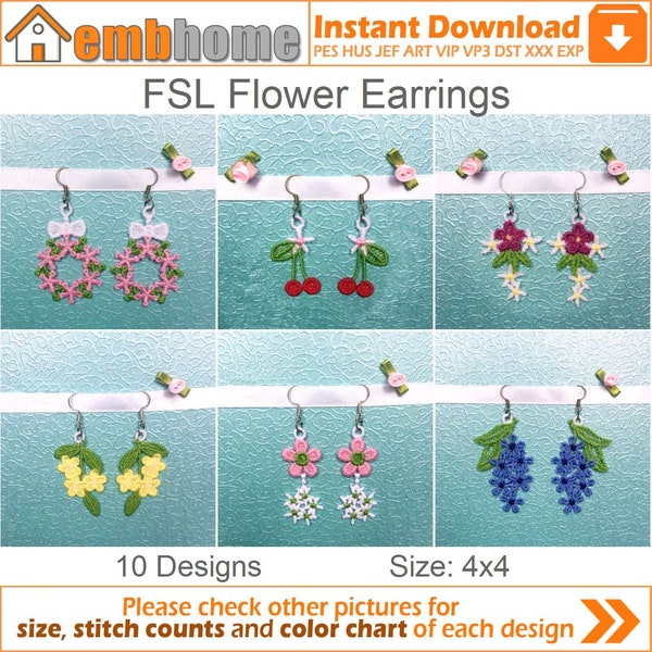 FSL Flower Earrings Free Standing Lace Machine Embroidery Designs Instant Download 4x4 hoop 10 designs APE2553