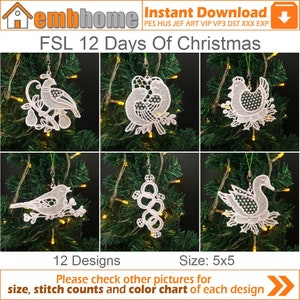 May include: Twelve white embroidery designs for Christmas ornaments, featuring a variety of themes, including birds, swans, and geometric shapes. The designs are displayed on a green Christmas tree.