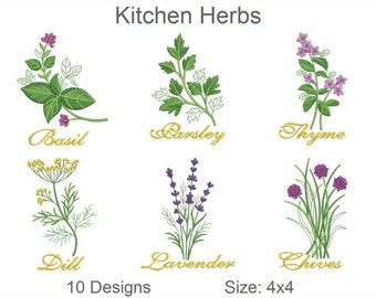 Può includere: Un set di 10 ricami che rappresentano diverse erbe aromatiche da cucina, tra cui basilico, prezzemolo, timo, aneto, lavanda e erba cipollina. I ricami sono di dimensioni 4x4 pollici.