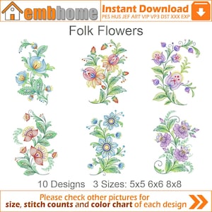 Folk Flowers Machine Embroidery Designs Pack Instant Download 5x5 6x6 8x8 hoop 10 designs APE2843