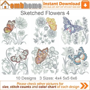 Sketched Flowers Machine Embroidery Designs Pack Instant Download 4x4 5x5 6x6 hoop 10 designs APE3430