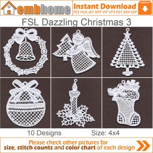 FSL Dazzling Christmas Ornament Free Standing Lace Machine Embroidery Designs Instant Download 4x4 hoop 10 designs APE1884