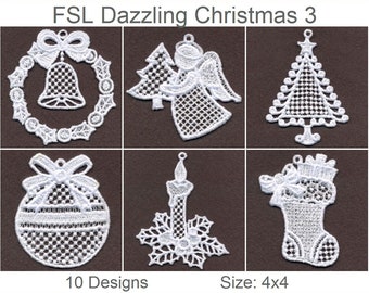 Puede incluir: Diez diseños de encaje blanco para bordar, que incluyen una corona navideña con una campana, un ángel, un árbol de Navidad, un adorno, una vela y una media. Los diseños tienen un tamaño de 4x4 pulgadas.