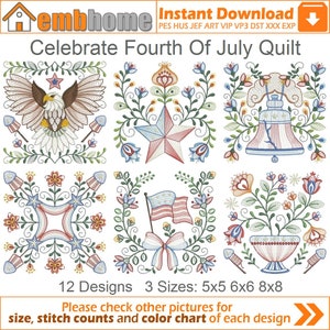 Puede incluir: Una colección de doce diseños de edredones para el Día de la Independencia. Cada diseño presenta símbolos patrióticos como un águila, estrellas, una campana de la libertad y la bandera estadounidense, enmarcados por elementos florales. Disponibles en tres tamaños: 5x5, 6x6 y 8x8 pulgadas (aprox. 13x13, 15x15 y 20x20 cm).