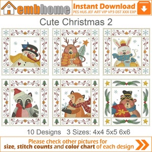 May include: A set of 10 embroidery designs featuring cute Christmas animals, including a snowman, reindeer, bunny, raccoon, fox, and bear. The designs are available in three sizes: 4x4, 5x5, and 6x6 inches.