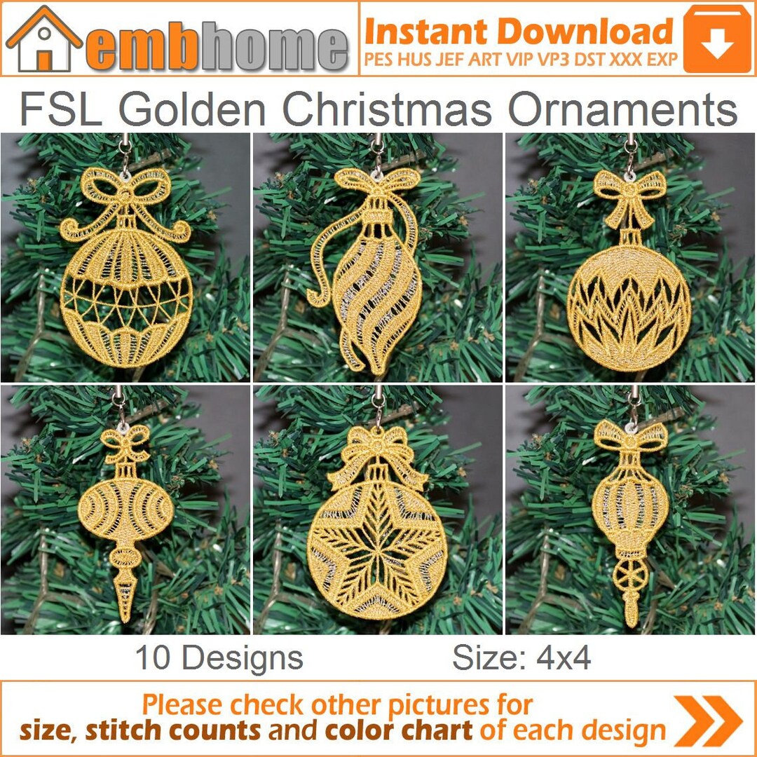 FSL Golden Christmas Ornaments Free Standing Lace Machine Embroidery ...